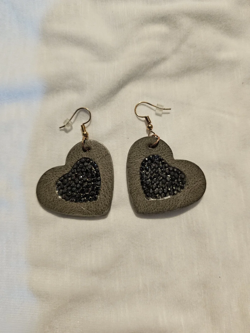 Leather Heart Drop Earrings with Black Crystal Inlay - Unbranded